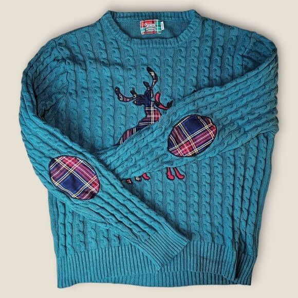 Spencers Naughty Reindeer Green Christmas Cable Knit Pullover Sweater XLarge - Picture 3 of 5
